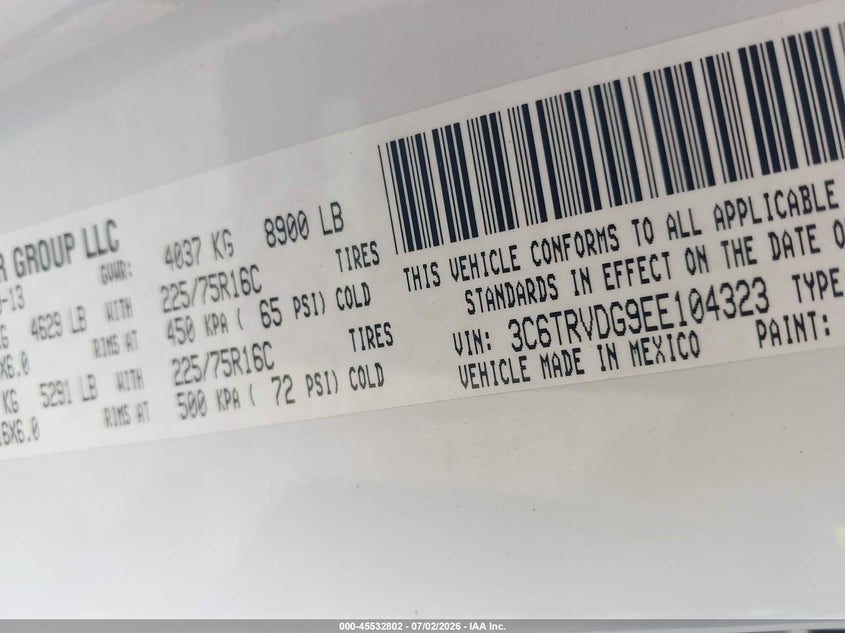 RAM PROMASTER 2500 2014 VIN 3C6TRVDG9EE104323