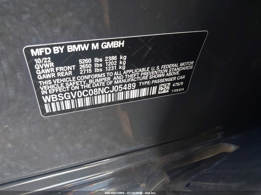 2022 BMW M8 Gran Coupe Competition VIN: WBSGV0C08NCJ05489 Lot: 45532992
