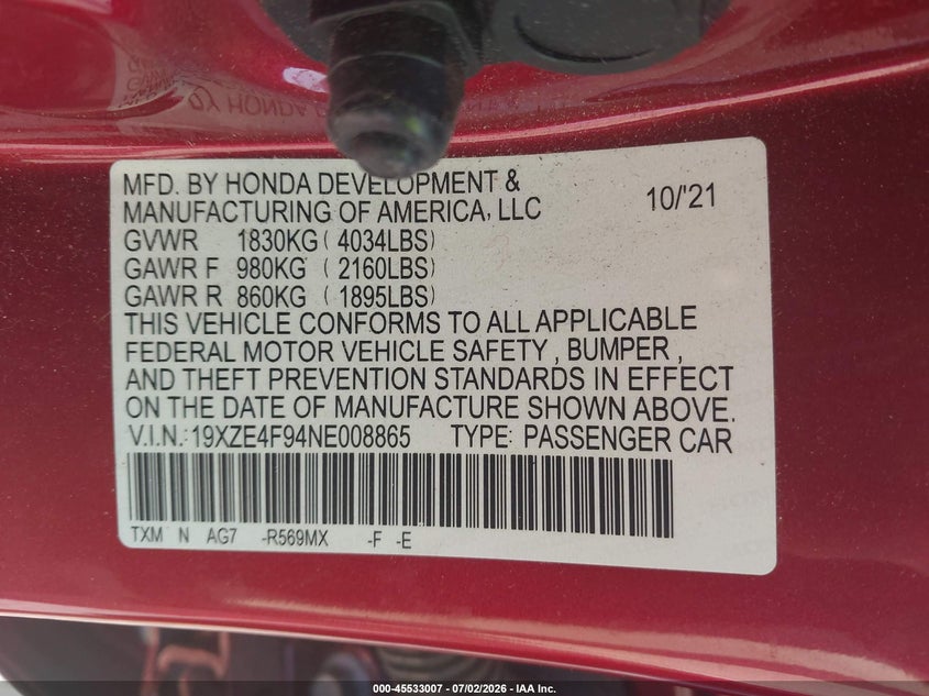 2022 Honda Insight Touring VIN: 19XZE4F94NE008865 Lot: 45533007