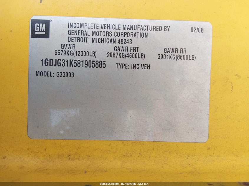 2008 GMC Savana Cutaway Work Van VIN: 1GDJG31K581905885 Lot: 45533009