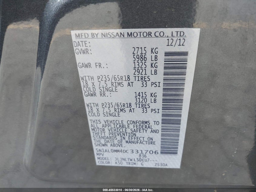 2013 Infiniti Jx35 VIN: 5N1AL0MM4DC331706 Lot: 45533010