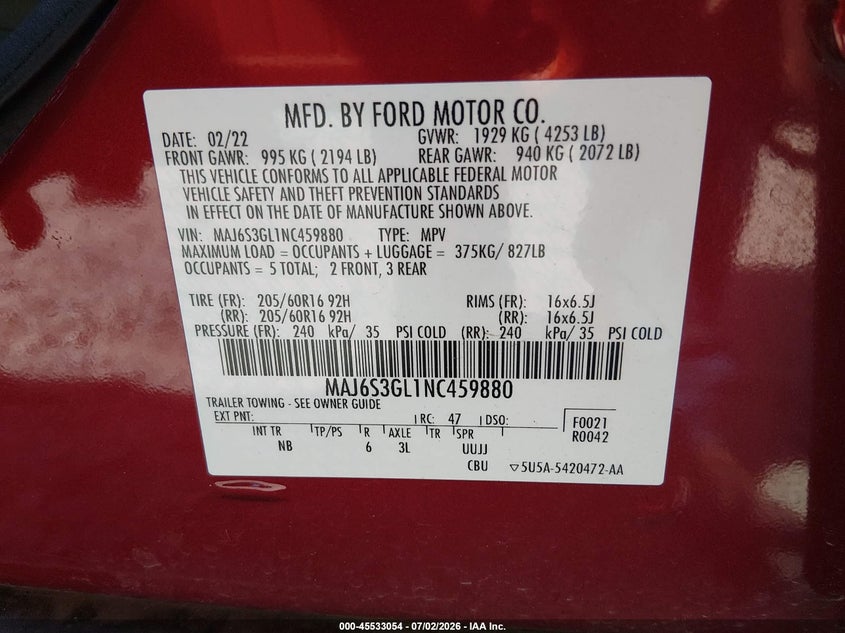 2022 Ford Ecosport Se VIN: MAJ6S3GL1NC459880 Lot: 45533054