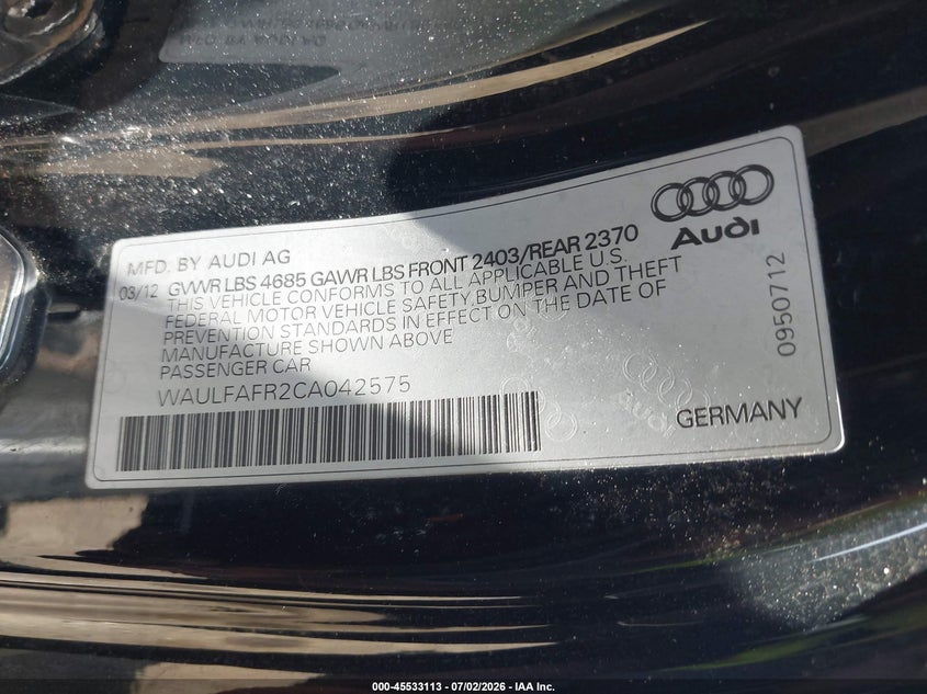 2012 Audi A5 2.0T Premium Plus VIN: WAULFAFR2CA042575 Lot: 45533113