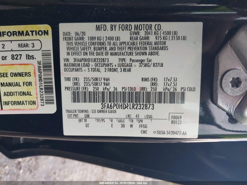 2020 FORD FUSION SEDAN 1.5L I-4 DI, DOHC, VVT, TURBO, 181HP