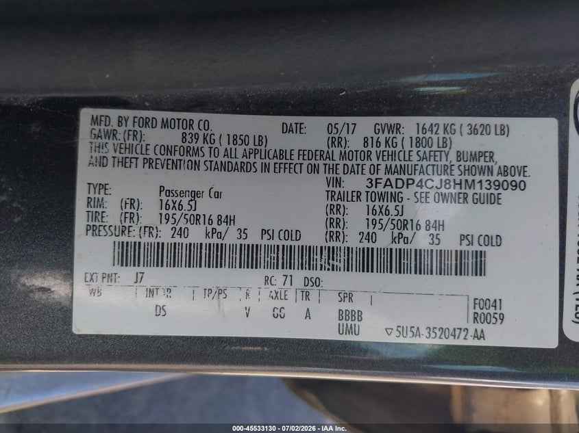 VIN 3FADP4CJ8HM139090 2017 FORD FIESTA TITANIUM
