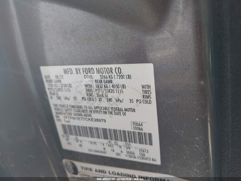FORD F150 2012 VIN 1FTFW1ET7CKE28979