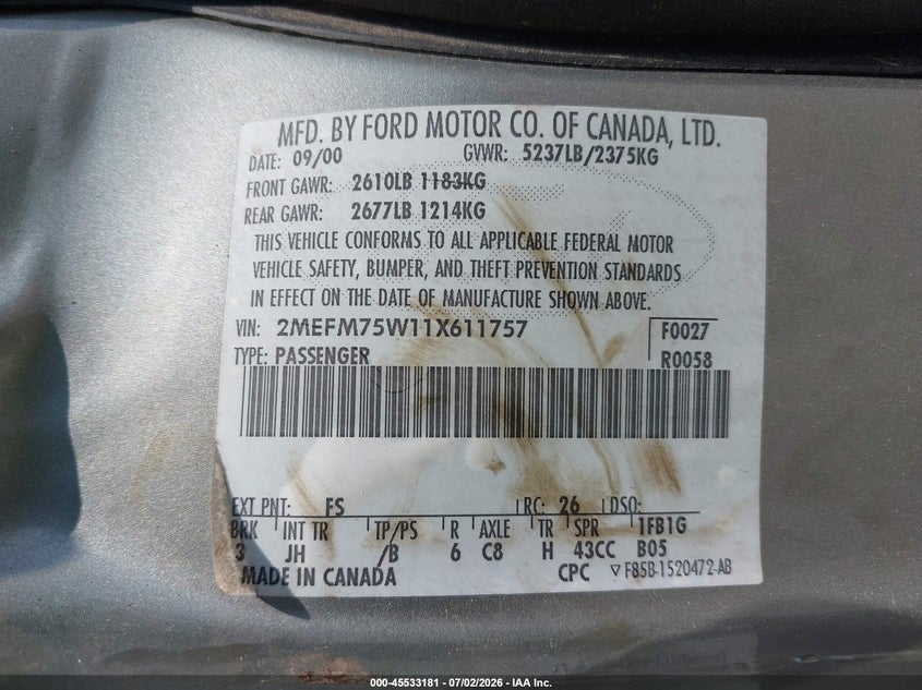 2001 Mercury Grand Marquis Ls VIN: 2MEFM75W11X611757 Lot: 45533181