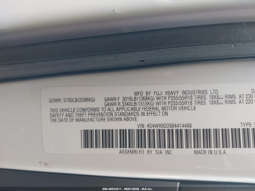 SUBARU TRIBECA 2008 VIN 4S4WX92D984414498