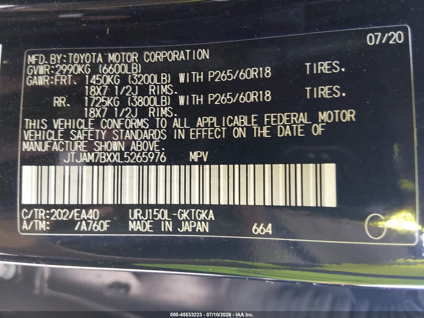 2020 Lexus Gx 460 Premium VIN: JTJAM7BXXL5265976 Lot: 45533223