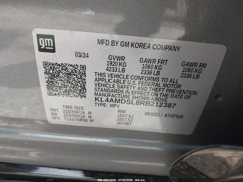 2024 Buick Encore Gx Sport Touring Fwd VIN: KL4AMDSL8RB212387 Lot: 45533236