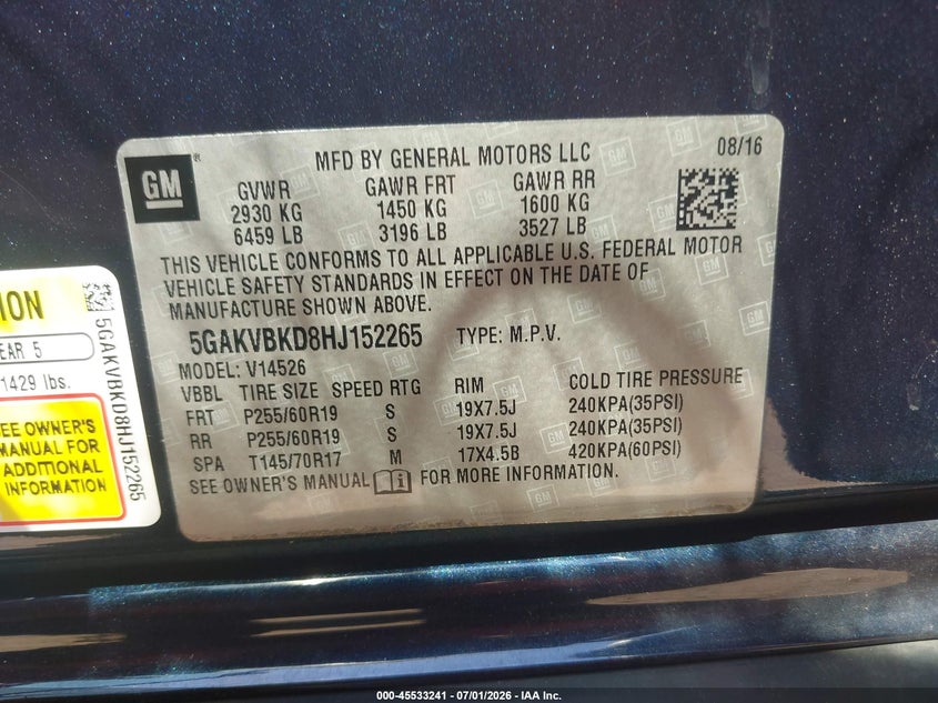 VIN 5GAKVBKD8HJ152265 2017 BUICK ENCLAVE LEATHER