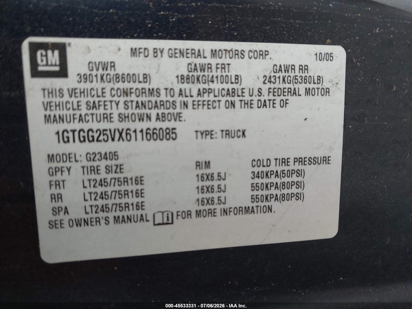 2006 GMC Savana Work Van VIN: 1GTGG25VX61166085 Lot: 45533331