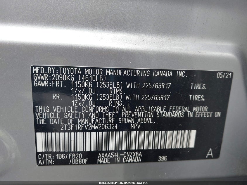 2021 TOYOTA RAV 4 SPORT UTILITY VEHICLE 2.5L I-4 DI, DOHC, VVT, 203HP
