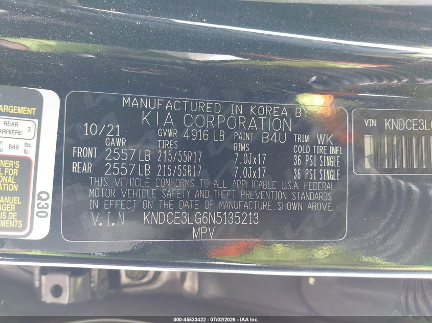 2022 Kia Niro Ev Ex Premium VIN: KNDCE3LG6N5135213 Lot: 45533422