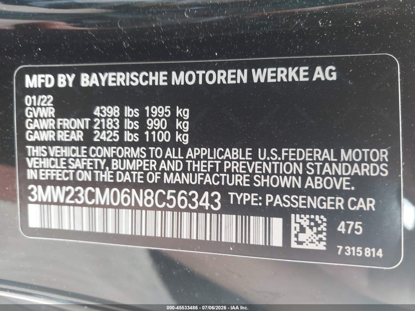 2022 BMW 230 I VIN: 3MW23CM06N8C56343 Lot: 45533486