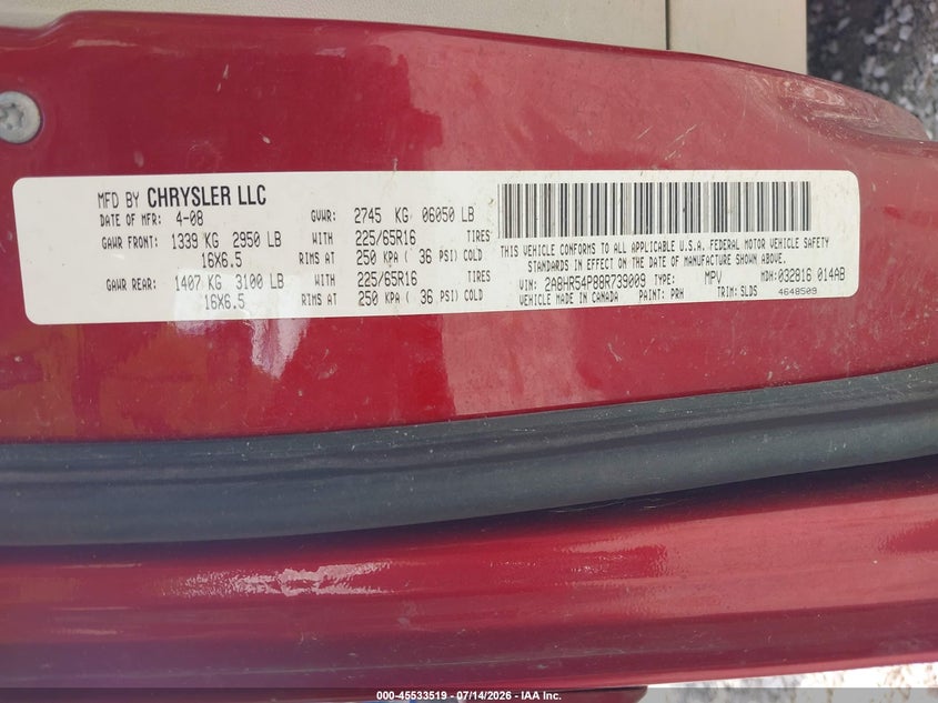 2008 Chrysler Town & Country Touring VIN: 2A8HR54P88R739009 Lot: 45533519