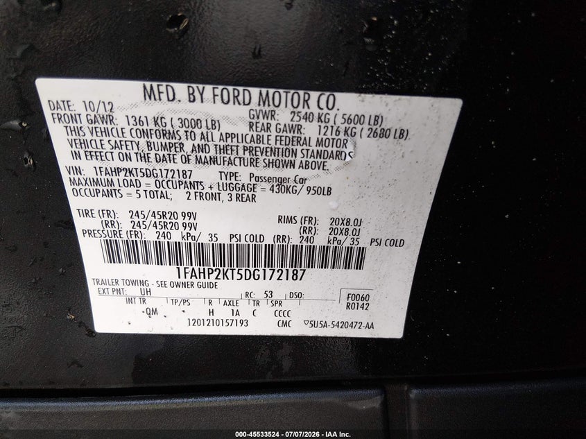 2013 Ford Taurus Sho VIN: 1FAHP2KT5DG172187 Lot: 45533524