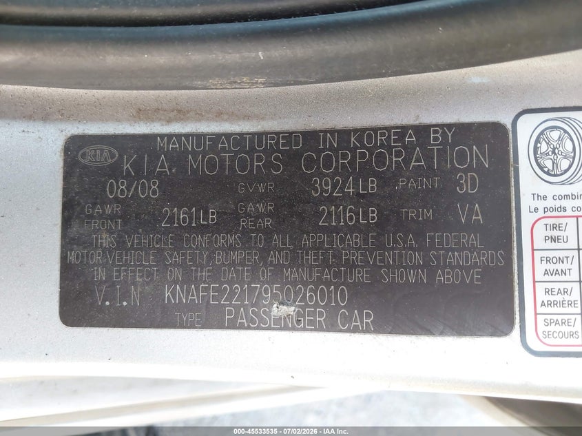 2009 Kia Spectra Sx VIN: KNAFE221795026010 Lot: 45533535