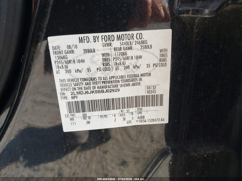 2011 Lincoln Mkx VIN: 2LMDJ6JK5BBJ02929 Lot: 45533540