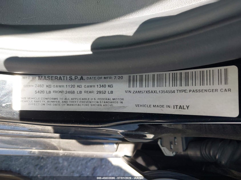2020 Maserati Ghibli VIN: ZAM57XSAXL1354554 Lot: 45533596