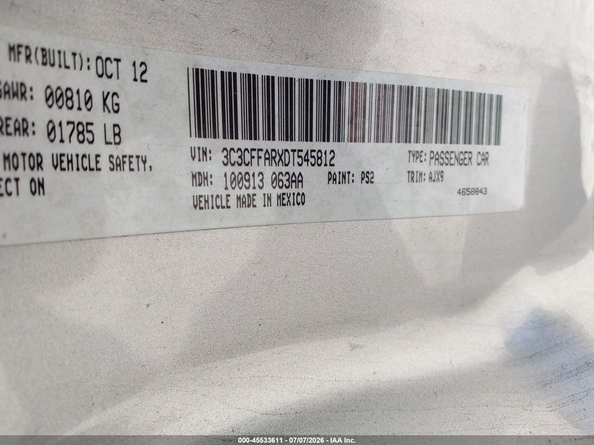 2013 Fiat 500 Pop VIN: 3C3CFFARXDT545812 Lot: 45533611