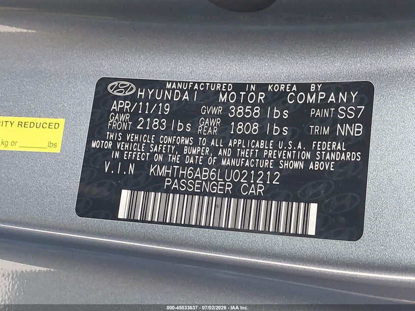 2020 Hyundai Veloster Turbo VIN: KMHTH6AB6LU021212 Lot: 45533637