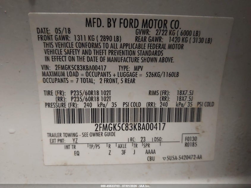 2019 Ford Flex Sel VIN: 2FMGK5C83KBA00417 Lot: 45533703