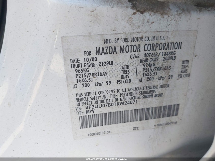 2001 Mazda Tribute Dx VIN: 4F2UU07B01KM24071 Lot: 45533717
