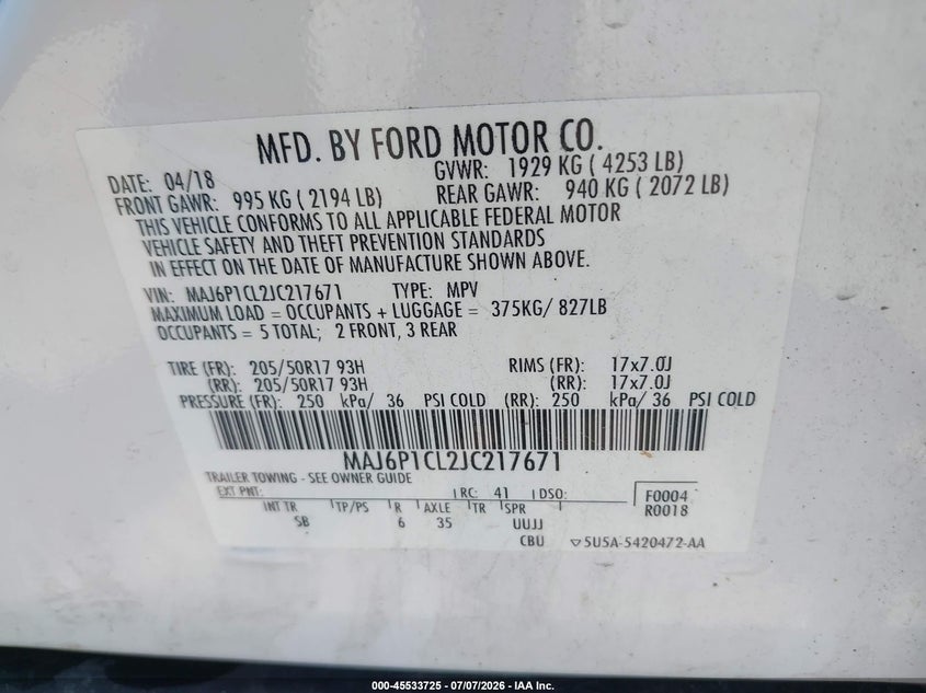 2018 Ford Ecosport Ses VIN: MAJ6P1CL2JC217671 Lot: 45533725