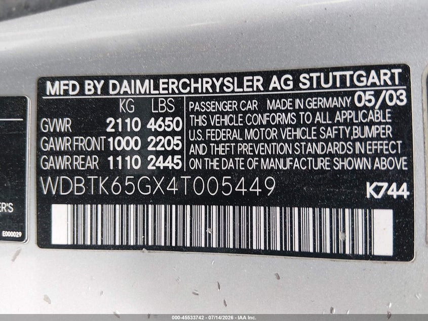 2004 Mercedes-Benz Clk 320 VIN: WDBTK65GX4T005449 Lot: 45533742