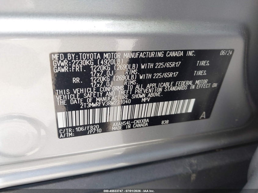 2024 TOYOTA RAV4 HYBRID(VIN: 2T3MWRFV3RW231040