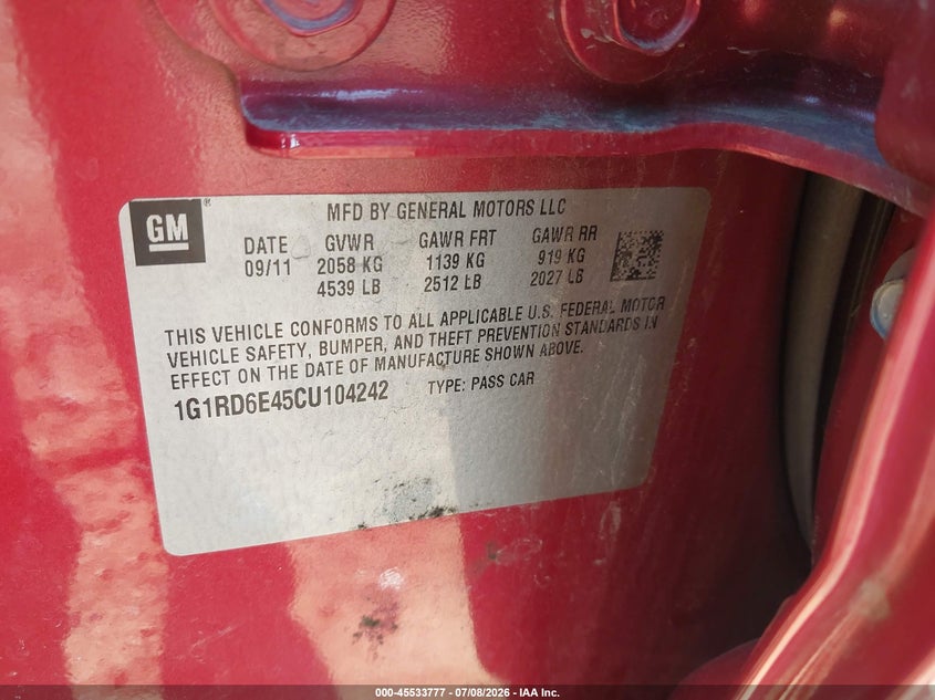2012 CHEVROLET VOLT HATCHBACK ELECTRIC