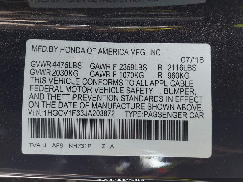 HONDA ACCORD 2018 VIN 1HGCV1F33JA203872