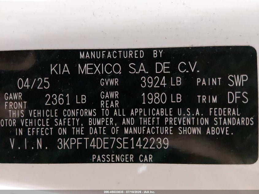 KIA K4 2025 VIN 3KPFT4DE7SE142239