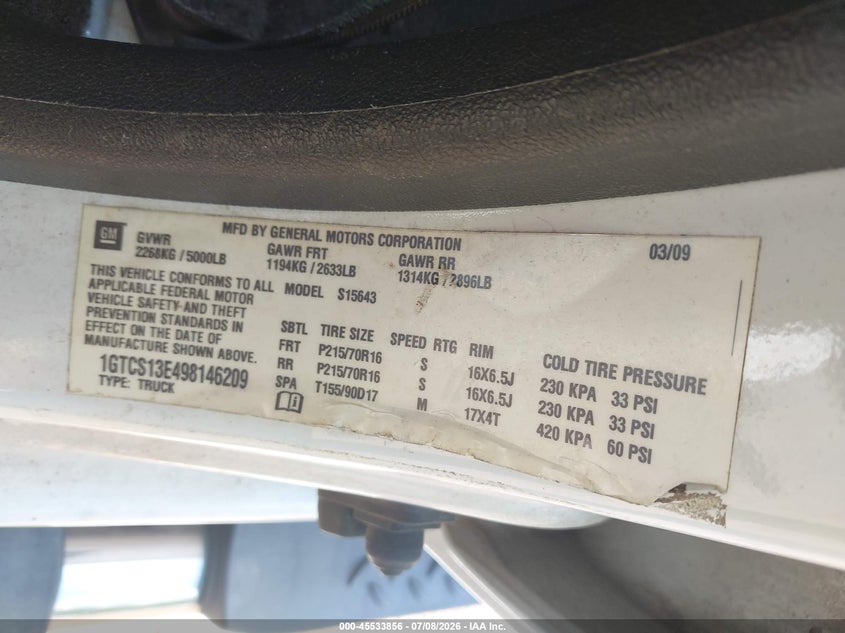 2009 GMC Canyon Sle2 VIN: 1GTCS13E498146209 Lot: 45533856