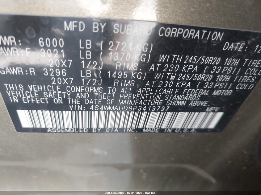 2023 Subaru Ascent Limited 7-Passenger VIN: 4S4WMAUD9P3413797 Lot: 45533907