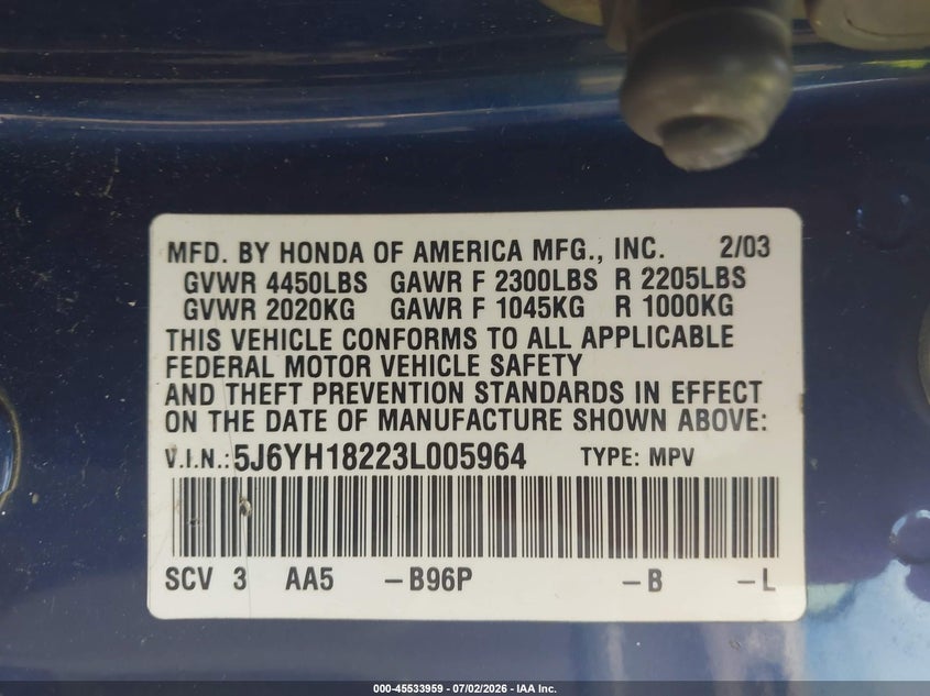 2003 Honda Element Dx VIN: 5J6YH18223L005964 Lot: 45533959