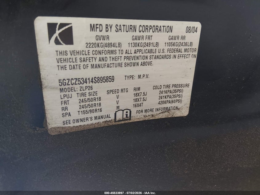 2004 Saturn Vue V6 VIN: 5GZCZ53414S895859 Lot: 45533997
