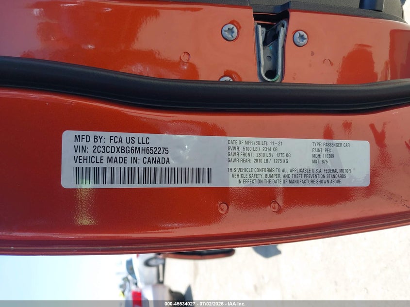 2021 DODGE CHARGER SEDAN 3.6L V-6 DOHC, VVT, 292HP