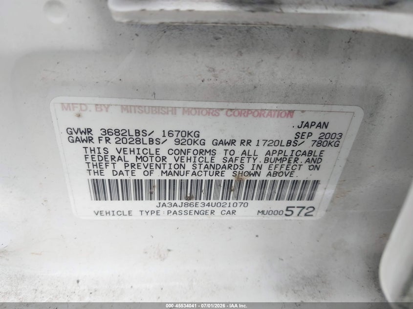 2004 Mitsubishi Lancer Oz Rally VIN: JA3AJ86E34U021070 Lot: 45534041