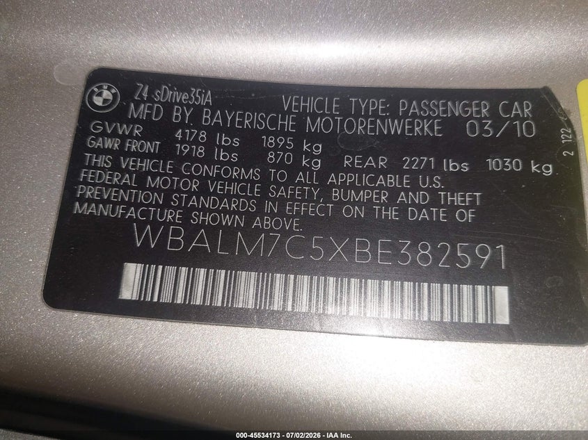 2011 BMW Z4 Sdrive35I VIN: WBALM7C5XBE382591 Lot: 45534173