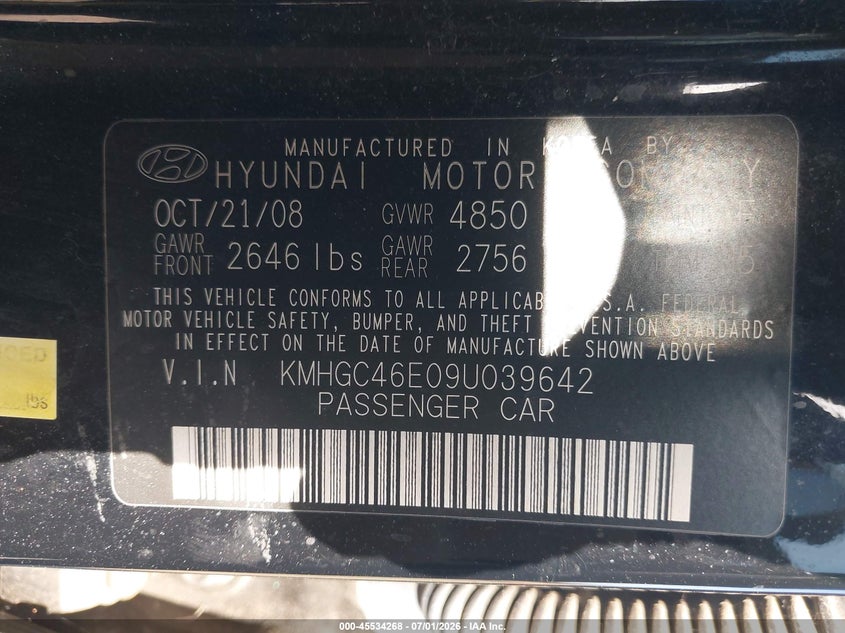 2009 Hyundai Genesis 3.8 VIN: KMHGC46E09U039642 Lot: 45534268