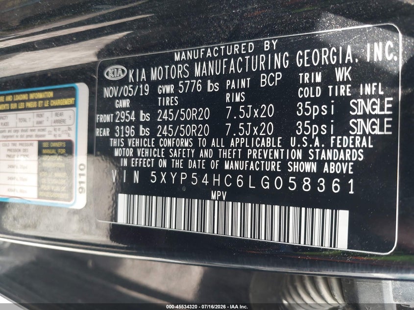 2020 Kia Telluride Sx VIN: 5XYP54HC6LG058361 Lot: 45534320