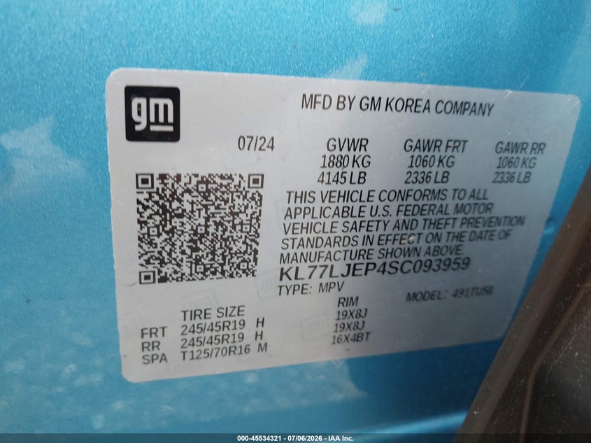 2025 Chevrolet Trax Fwd 2Rs VIN: KL77LJEP4SC093959 Lot: 45534321