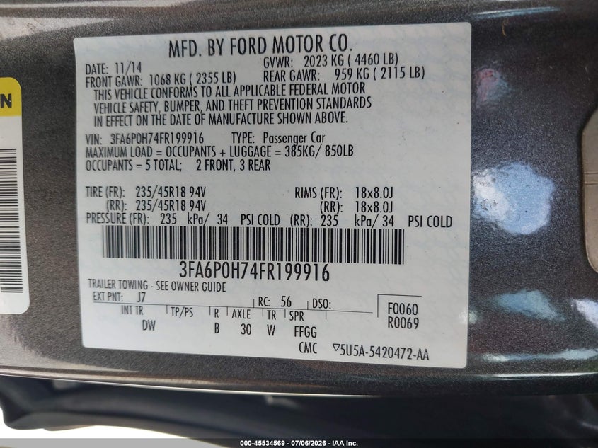 2015 FORD FUSION SEDAN 2.5L I-4 DOHC, VVT, 175HP