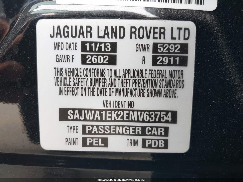 2014 Jaguar Xj Xjr VIN: SAJWA1EK2EMV63754 Lot: 45534586