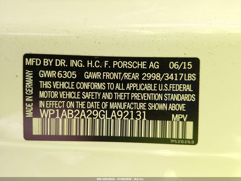 2016 Porsche Cayenne S VIN: WP1AB2A29GLA92131 Lot: 45534634
