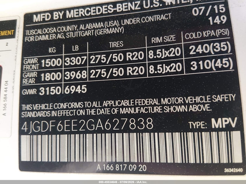 2016 Mercedes-Benz Gl 450 4Matic VIN: 4JGDF6EE2GA627838 Lot: 45534646