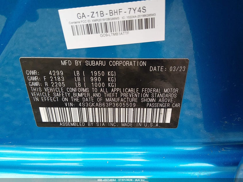2023 Subaru Impreza Base VIN: 4S3GKAB63P3605509 Lot: 45534664