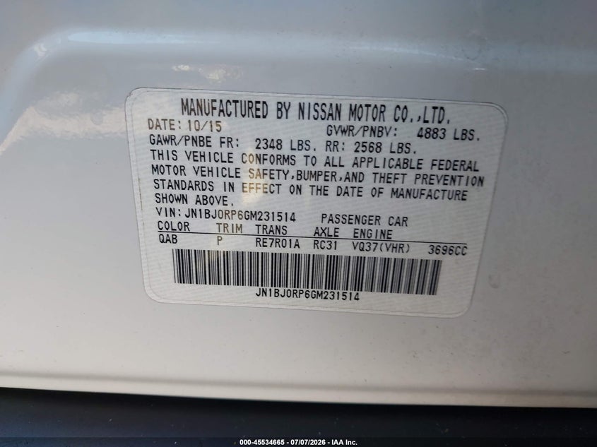 2016 Infiniti Qx50 VIN: JN1BJ0RP6GM231514 Lot: 45534665